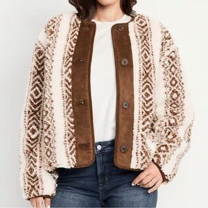 Brown and Cream Patterned Button-Up Sherpa Jacket